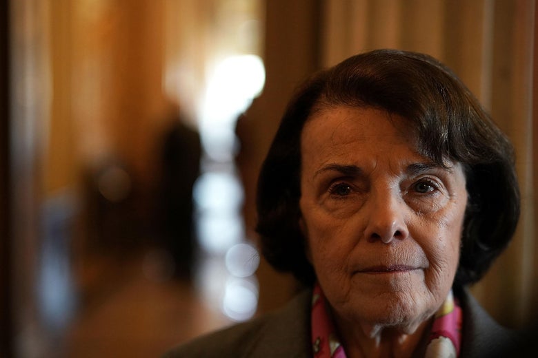 WASHINGTON, DC - FEBRUARY 15: U.S. Sen. Dianne Feinstein (D-CA) speaks to members of the media prior to a number of votes at the Capitol February 15, 2018 in Washington, DC. A bipartisan DACA\boarder security deal has failed in the Senate, casting an uncertain future for the immigration bill. (Photo by Alex Wong/Getty Images)